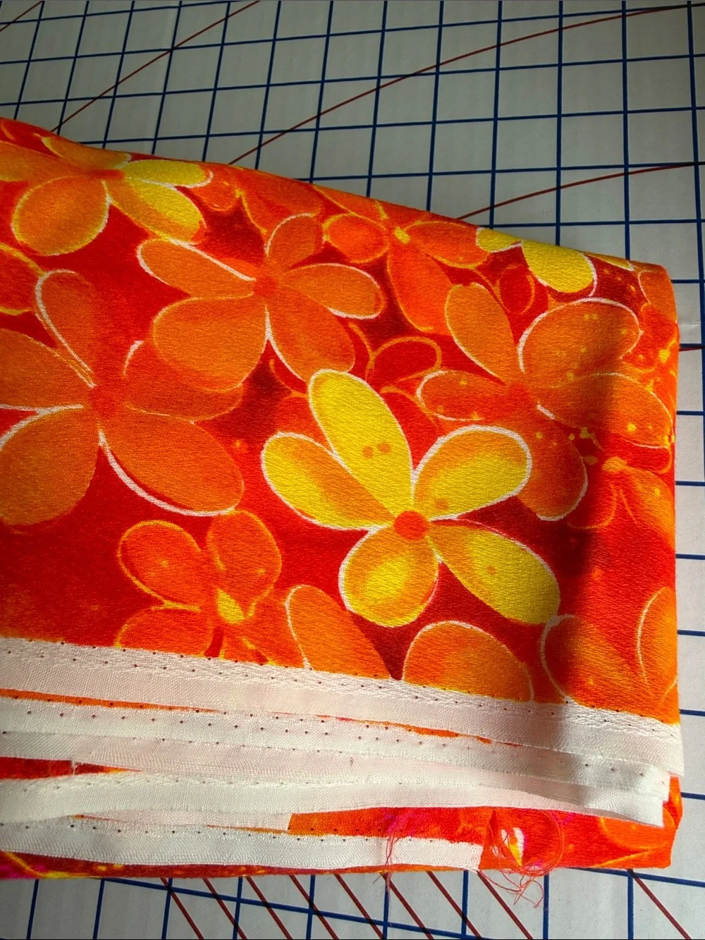 Vintage 1970s Orange Tropical Hibiscus Fabric 1⅔ Yards 44” Retro Mod Polyester